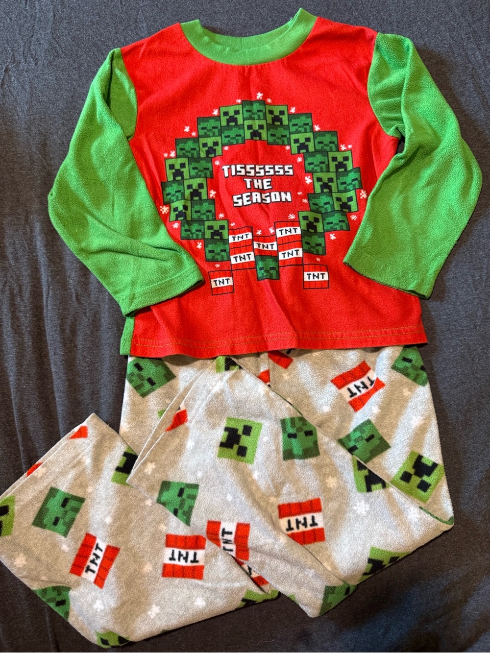 Kids Red & Green Holiday Pajama Set with Creeper and TNT Print